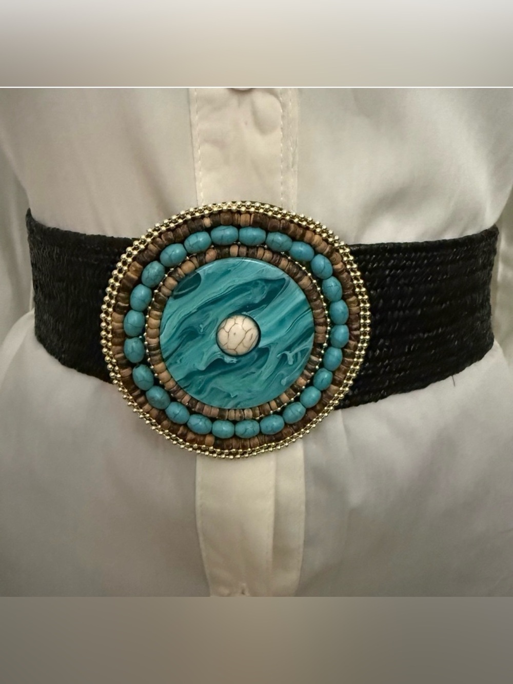 Black paper waistband belt with circle faux turquoise accents